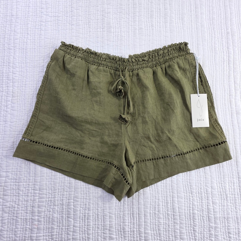 Joie 100% Linen Ladder Lace Tassel Smocked Shorts Olive Green Womens Large NEW